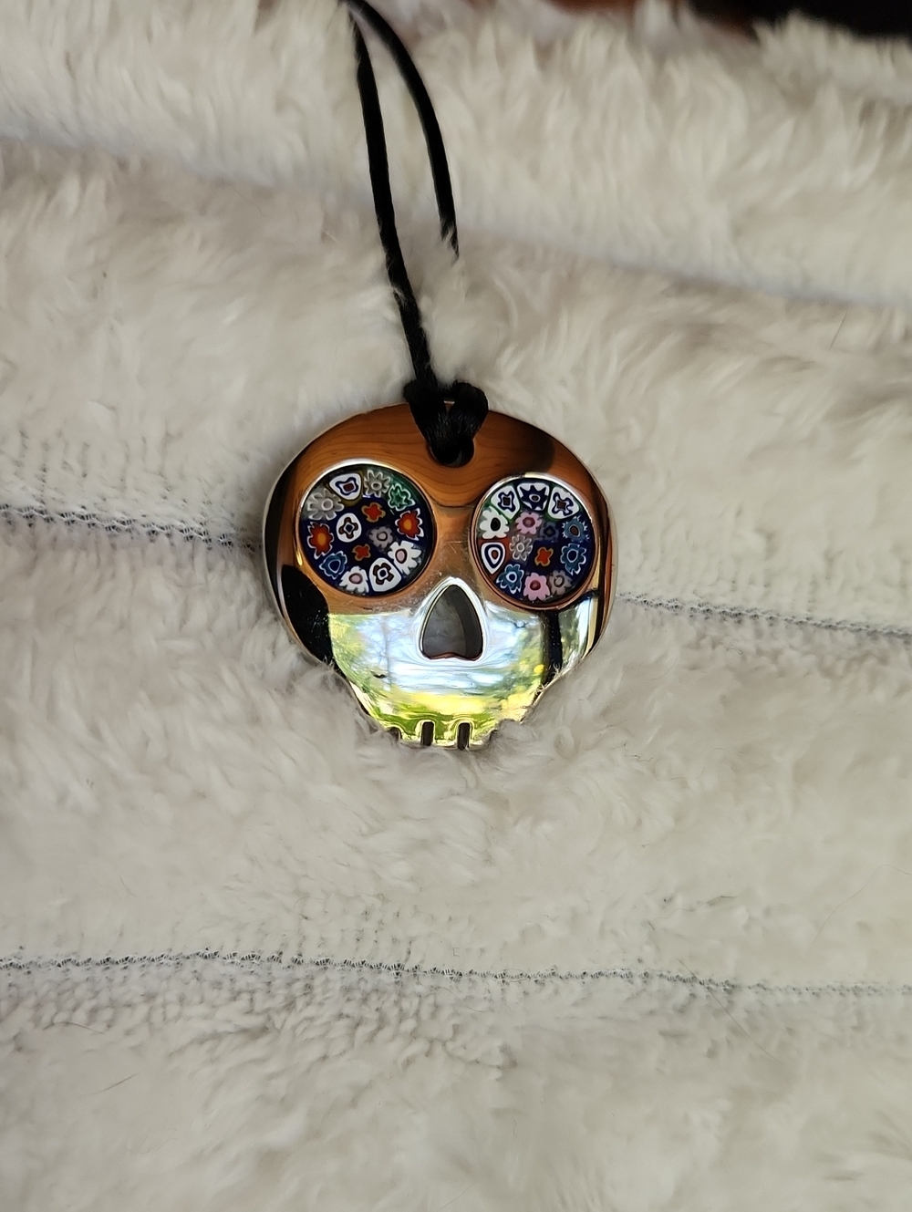 Corte Murrina Stainless Steel Skull Pendant Necklace on Satin Cord